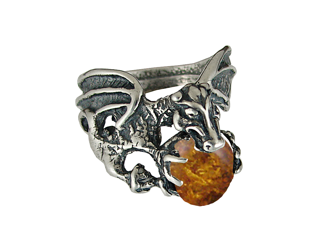 Sterling Silver Dragon of Desire Ring With Amber Size 11